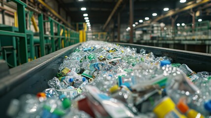 Conveyor belt filled with plastic bottles and containers in a recycling facility, highlighting environmental sustainability and waste management.