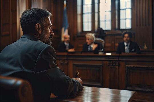 Defense lawyer with client in court, legal representation