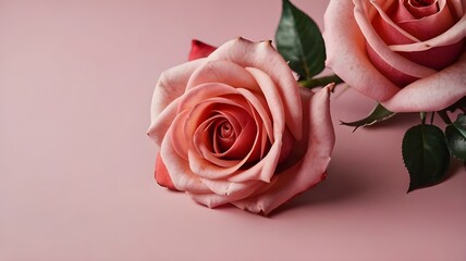 Fototapeta premium Valentine's Day design concept background with pink and red rose flower on pink table background, Valentines, Spring or Mothers day, pink rose