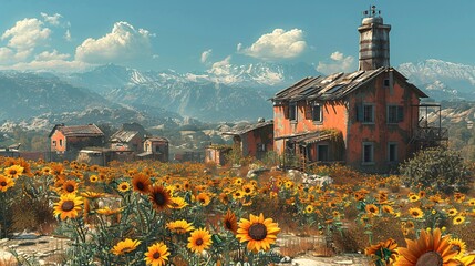 Country wooden house in a sunflower garden