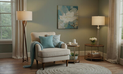 3D render of a tranquil reading nook, emphasizing comfort and serenity. Incorporate a cozy armchair or chaise lounge, a stylish side table, and a floor lamp providing soft, focused light. 