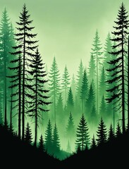 Obraz premium Subalpine Forest in Fog with Soft Diffused Light and Mysterious Atmosphere in Minimalist High Contrast Silhouette Style