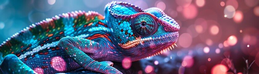 A chameleon changing colors amidst a kaleidoscope of neon lights, illustrating adaptability and change