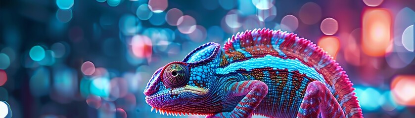 A chameleon changing colors amidst a kaleidoscope of neon lights, illustrating adaptability and change