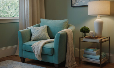 3D render of a tranquil reading nook, emphasizing comfort and serenity. Incorporate a cozy armchair or chaise lounge, a stylish side table, and a floor lamp providing soft, focused light. 