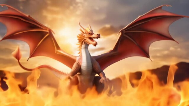 A majestic dragon with large wings and sharp claws breathes fire in a fiery landscape. The sky glows with an orange hue, reflecting the intensity of the dragon's flames. 