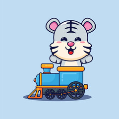 Cute white tiger mascot cartoon character ride on train