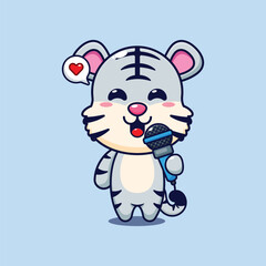 Cute white tiger holding microphone cartoon vector illustration