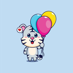 Cute white tiger with balloon cartoon vector illustration