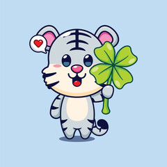 Cute white tiger with clover leaf cartoon vector illustration