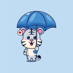 Cute white tiger holding umbrella cartoon vector illustration