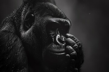 Gorilla in a thoughtful pose, rendered in a dramatic chiaroscuro effect, highlighting its powerful form