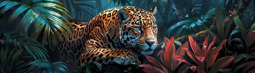 Jaguar stalking through a neon rainforest, its form highlighted by sharp contrasts and vibrant colors