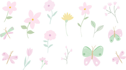  Collection of hand drawn soft pastel floral and butterflies set 