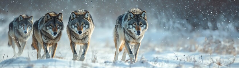 Fototapeta premium Wolf pack moving through a snowy landscape, captured with a sense of adventure and mystery in cool hues