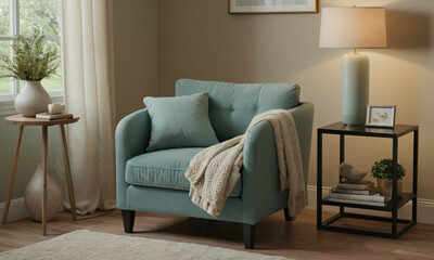 3D render of a tranquil reading nook, emphasizing comfort and serenity. Incorporate a cozy armchair or chaise lounge, a stylish side table, and a floor lamp providing soft, focused light. 