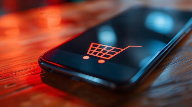 A closeup of a smartphone screen showing a notification for items left in the shopping cart, highlighting a shopping cart icon and a persuasive reminder message