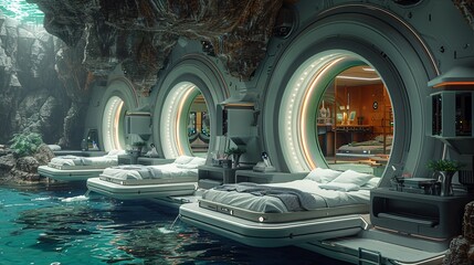 Underwater scene with underwater bedroom