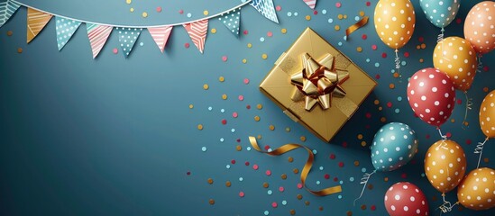 Fototapeta premium Happy Birthday design for greeting card. Gift box with gold ribbon, birthday decoration flags pattern balloons on dark blue background. Birthday holiday background with copy space