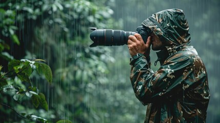 Fototapeta premium man wearing a camouflage raincoat holding camera enjoy take wildlife photography in rainforest. generative ai
