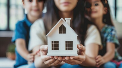 Model of a small white house is hold up by families.generative ai