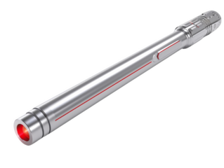 A close-up of a silver, futuristic weapon with a red light at the end, isolated white background, transparent background.