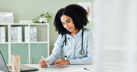 Doctor, woman and tablet in office for healthcare, telehealth and research on medical treatment...