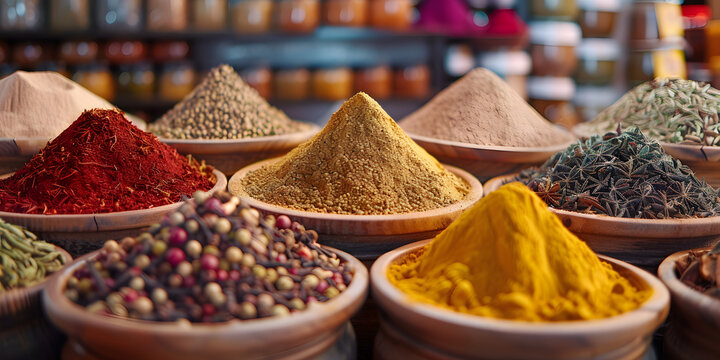 Traditional spice products at a domestic market store. Perfect for culinary use and to experience the vibrant and colorful culture of the region.