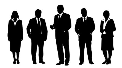 Business people group black silhouettes pose on white background, flat line vector and illustration.