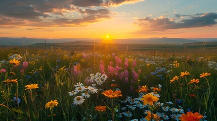 A beautiful sunset over the prairie, with wildflowers in full bloom and rolling hills stretching as far as they can see.