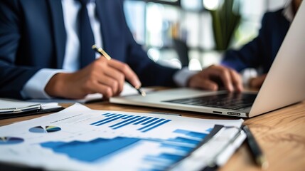 Executives are discussing graphs in the office.
