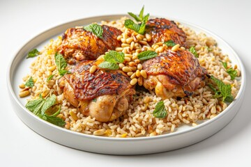 Fototapeta premium Baked Orange Chicken and Brown Rice with Vibrant Orange Zest and Fresh Herbs