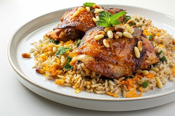 Fototapeta premium Chef-Crafted Baked Orange Chicken and Brown Rice with Fresh Herbs