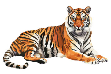 Obraz premium Majestic tiger resting, showcasing beautiful stripes and powerful physique. Ideal for wildlife, nature, and animal-themed projects.