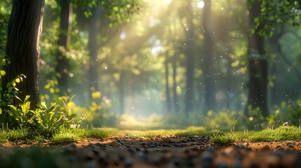 A blurred background of an enchanting forest, bathed in the soft glow of sunlight filtering through tall trees, creating a magical atmosphere.