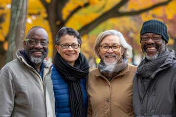 Portrait of happy senior friends standing in autumn park. Multiethnic group of people.