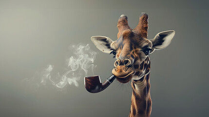 A surreal and whimsical portrait of a giraffe smoking a churchwarden pipe against a plain background
