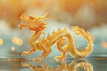 Obraz premium A gold dragon is laying on a surface with a reflection of itself in the water