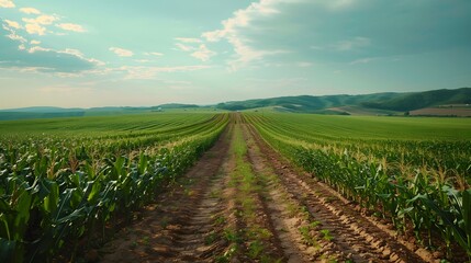 A cinematic middle distance shot showing an endless field with rows upon rows of green corn plants growing in it.