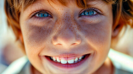 Close-up of young boy with blue eyes and freckles, smiling brightly at the camera