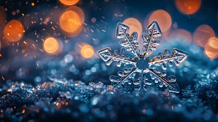 A closeup of an ice crystal snowflake on a dark blue background, with blurred bokeh lights in the background.