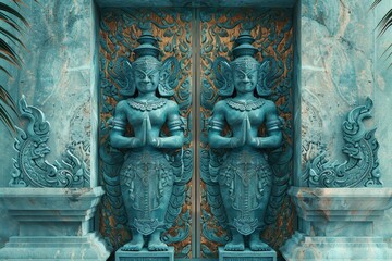 Two statues of women are standing in front of a blue door