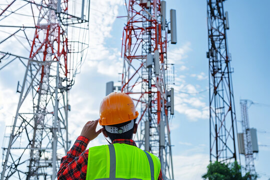 Engineer holding safety helmet with telecommunication tower pillars