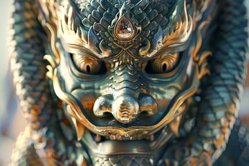 Fototapeta premium A gold and silver dragon face with a diamond in the eye