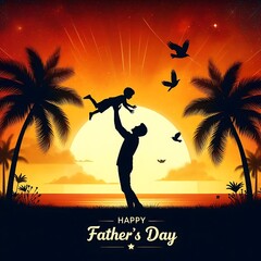 A father lifting his child against a beautiful sunset background on happy father's day