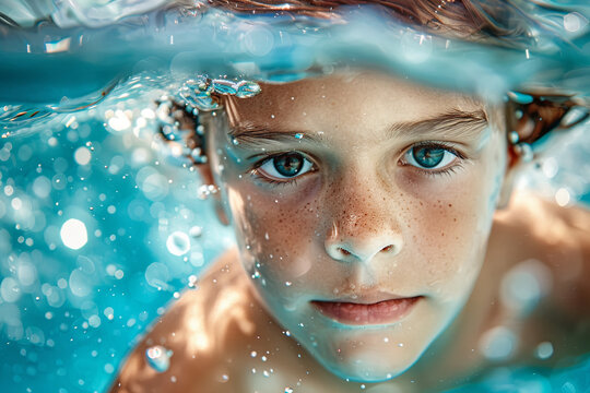 Child swimming in pool, kids enjoying water activities