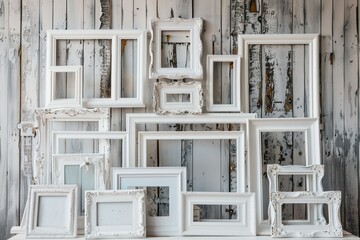 A row of white frames, each with a different size and shape