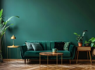 Dark green wall in the living room with a velvet sofa, gold coffee table and a wooden night stand