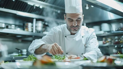 A dynamic chef in a crisp white uniform skillfully preparing a gourmet dish in a state-of-the-art kitchen. for culinary school advertisements or restaurant promotions.