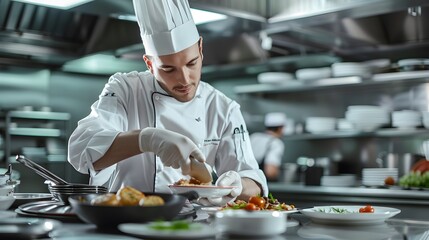 A dynamic chef in a crisp white uniform skillfully preparing a gourmet dish in a state-of-the-art kitchen. for culinary school advertisements or restaurant promotions.